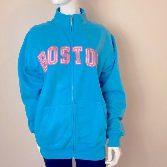 Boston Sweatshirt Full Zip Closure Pink Appliquéd Letters Bay State Apparel Sz M - Picture 1 of 7